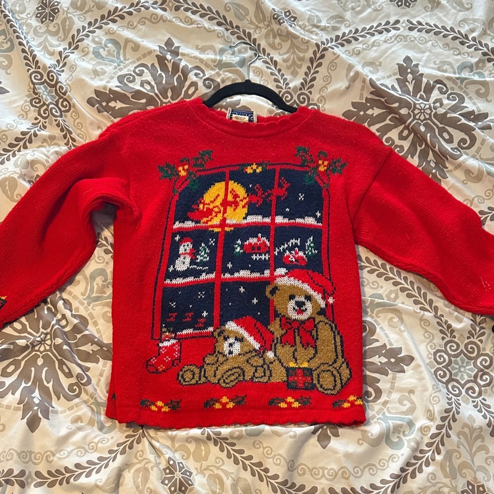 Vintage Red Kids Sweater with Bear Design